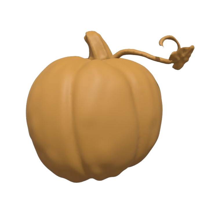 A pumpkin with a short vine and leaf.